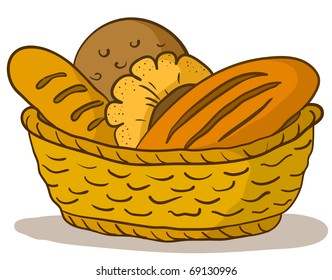 Food: tasty fresh bread, loafs and rolls in a basket