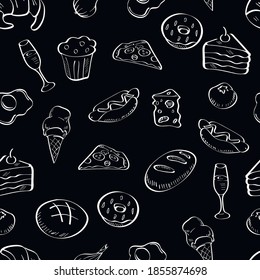 food, tasty, hand drawn chalk vector seamless pattern on dark background. Concept for wallpaper, wrapping paper, cards, menu