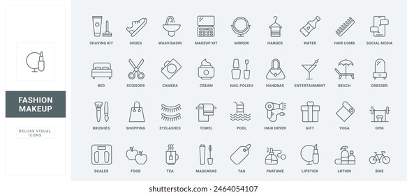 Food and tea, sport and hygiene, skincare for health. Modern life thin black and red outline symbols, social media and shopping vector illustration. Beauty, fashion makeup and lifestyle line icons set