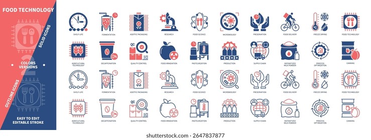 Conjunto de ícones da Tecnologia de Alimentos. Controle de Qualidade, Produção, Pasteurização, Ciência Alimentar, Embalagem Asséptica, Preservação, Congelamento, Secagem, Fermentação. Ícones de contorno sólido e editável de cor duotônica