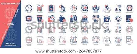 Food Technology icon set. Quality Control, Production, Pasteurization, Food Science, Aseptic Packaging, Preservation, Freeze Drying, Fermentation. Duotone color solid and editable outline icons