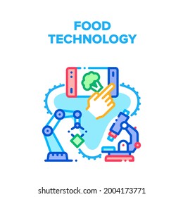 Concepto de icono del vector de tecnología alimentaria. Producción De Tecnología Alimentaria Y Calidad De Investigación Con Microscopio Laboratorio. Brazo Robótico De Fábrica En El Transmisor, Elegir Nutrición En La Ilustración De Color De Smartphone