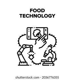 Concepto de icono del vector de tecnología alimentaria. Producción De Tecnología Alimentaria Y Calidad De Investigación Con Microscopio Laboratorio. Brazo Robótico De Fábrica En El Transporte, Elegir Nutrición En La Ilustración Negra De Smartphone