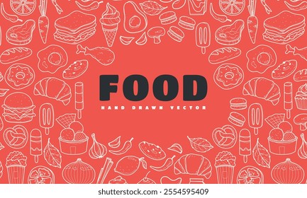 Food template background, miscelanous food pattern, line hand drawings, vector illustration, menu template, restaurant, cafe.