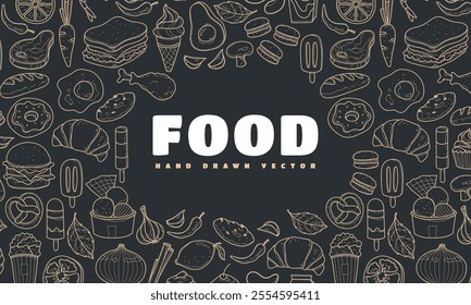 Food template background, miscelanous food pattern, line hand drawings, vector illustration, menu template, restaurant, cafe.