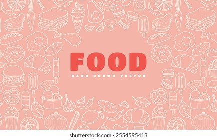 Food template background, miscelanous food pattern, line hand drawings, vector illustration, menu template, restaurant, cafe.