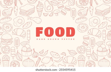 Food template background, miscelanous food pattern, line hand drawings, vector illustration, menu template, restaurant, cafe.