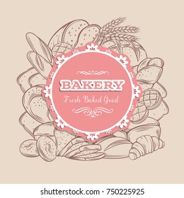 Food template banner frame with bread product. Hand drawn sketch rye and wheat bread, croissant, whole grain bread, bagel, toast bread, french baguette for design menu bakery shop.