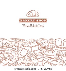 Food template frame and page design for bakery . Hand drawn sketch rye and wheat bread, croissant, whole grain bread, bagel, toast bread, french baguette for design menu bakery shop.