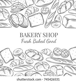 Food template frame and page design for bakery . Hand drawn sketch rye and wheat bread, croissant, whole grain bread, bagel, toast bread, french baguette for design menu bakery shop.