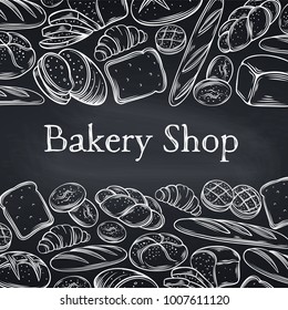 Food template page design for bakery, chalkboard style . Hand drawn sketch rye and wheat bread, croissant. Whole grain bread, bagel, toast bread, french baguette for design menu bakery shop.