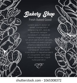 Food template page design for bakery, chalkboard style . Hand drawn sketch rye and wheat bread, croissant. Whole grain bread, bagel, toast bread, french baguette for design menu bakery shop.