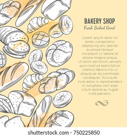 Food template page design with bread product. Hand drawn sketch rye and wheat bread, croissant, whole grain bread, bagel, toast bread, french baguette for design menu bakery shop.