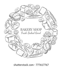 Food template round frame and page design for bakery . Hand drawn sketch rye and wheat bread, croissant, whole grain bread, bagel, toast bread, french baguette for design menu bakery shop.