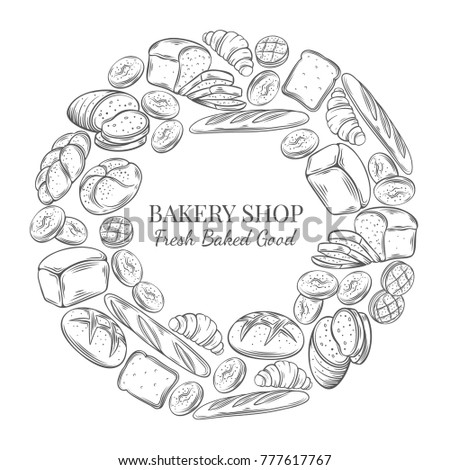 Food template round frame and page design for bakery . Hand drawn sketch rye and wheat bread, croissant, whole grain bread, bagel, toast bread, french baguette for design menu bakery shop.