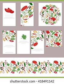 Food templates with different fresh vegetables, potherbs and spices.  For your design, announcements, greeting cards, posters, advertisement.