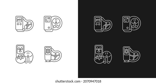 Food testing equipment linear icons set for dark and light mode. Scientific technology for product analysis. Customizable thin line symbols. Isolated vector outline illustrations. Editable stroke