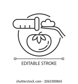 Food Testing Linear Icon. Nutrition Safety And Quality Check. Sampling Process. Product Analysis. Thin Line Customizable Illustration. Contour Symbol. Vector Isolated Outline Drawing. Editable Stroke