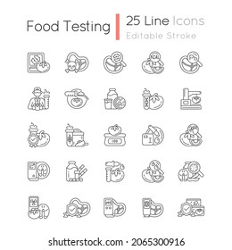 Food testing linear icons set. Examination methods. Nutrition scientific analysis. Laboratory research. Customizable thin line contour symbols. Isolated vector outline illustrations. Editable stroke
