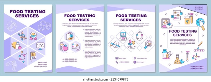 Food testing services purple brochure template. Chemistry analysis. Leaflet design with linear icons. 4 vector layouts for presentation, annual reports. Arial-Black, Myriad Pro-Regular fonts used