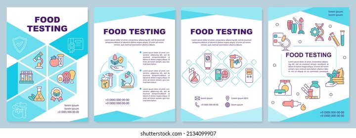 Food testing turquoise brochure template. Food assessment. Leaflet design with linear icons. 4 vector layouts for presentation, annual reports. Arial-Black, Myriad Pro-Regular fonts used