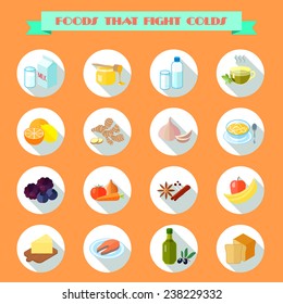 Food That Fights Cold Flat Icons Set With Milk Honey Water Tea Isolated Vector Illustration