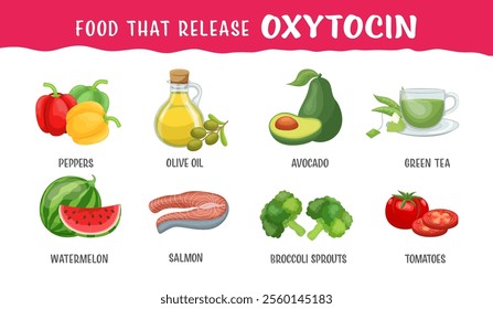 Food that naturally help release oxytocin, which promotes emotional well-being, trust, and connection. Landscape poster, banner. Useful medical information. Editable vector illustration