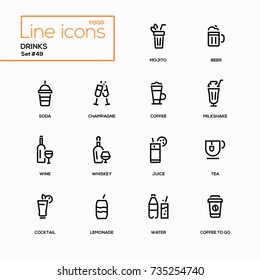 Food theme, alcohol and soft drinks - line design icons set. Perfect for your menu, bar, pub, cafe. Mojito, beer, soda, champagne, coffee to go, milkshake, wine, whiskey, juice, tea, lemonade, water