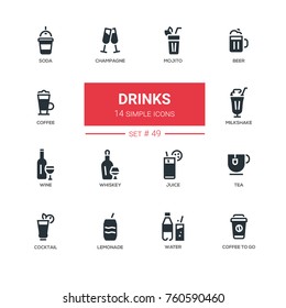 Food theme, alcohol and soft drinks - line design icons set. Perfect for your menu, bar, pub, cafe. Mojito, beer, soda, champagne, coffee to go, milkshake, wine, whiskey, juice, tea, lemonade, water