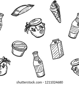 Food theme, seamless pattern. Dairy products. Milk, ice-cream, yoghurt, butter, sour-cream etc. Vector background, texture, illustration.