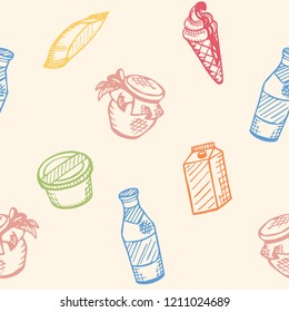 Food theme, seamless pattern. Dairy products. Milk, ice-cream, yoghurt, butter, sour-cream etc. Vector background, texture, illustration.
