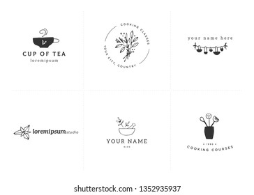 Food theme. Vector hand drawn kitchen logo templates set. For business branding and identity, for food blogs and websites, for cooking classes and grocery stores.
