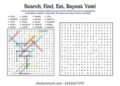 A food themed word search puzzle featuring words like pizza, burger, taco, sushi, pasta, and more. Fun activity.