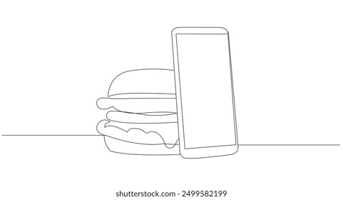 Food, thin line icon illustration. Contains icons burger and mobile. online shopping and food delivery system one line drawing continuous decoration illustration