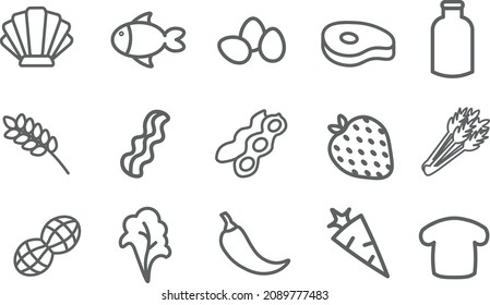 Food thin line icon set. It contains food products such as fish, eggs, milk, bacon, strawberry, peanut.