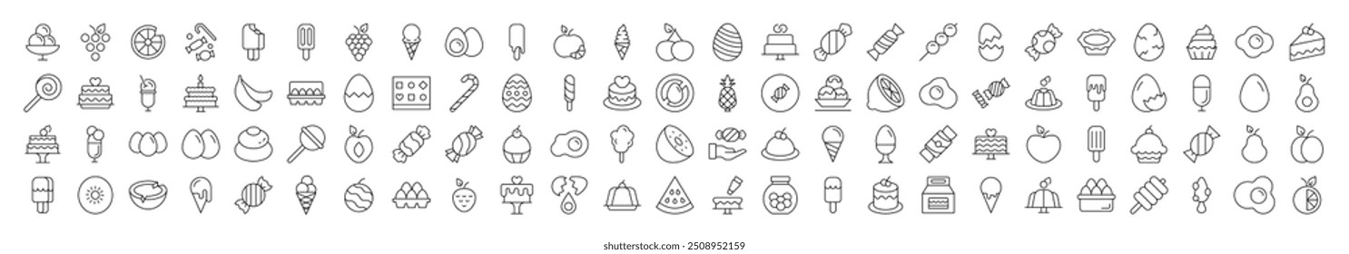 Conjunto De Ícones De Linha Fina De Alimentos. Traço editável. Adequado para banners, cartões, redes sociais, aplicativos