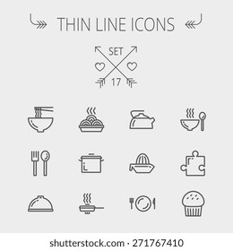 Food Thin Line Icon Set For Web And Mobile. Set Includes- Cupcakes, Spoon And Fork, Plate, Kettle, Casserole, Hot Meal, Frying Pan Icons. Modern Minimalistic Flat Design. Vector Dark Grey Icon On