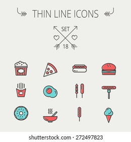 Juego de iconos de línea delgada de comida para web y móvil. El juego incluye: pastelitos, cuchara y tenedor, plato, hervidor, casserole, harina caliente, iconos de sartén. Moderno diseño minimalista plano. Icono de vector con gris oscuro