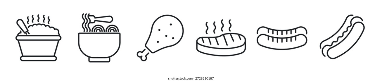 Conjunto de ícones de linha fina de alimento. Ícones mínimos da Web