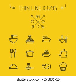Juego de iconos de línea delgada de comida para web y móvil. El juego incluye: pastelitos, cuchara y tenedor, plato, hervidor, casserole, harina caliente, iconos de sartén. Moderno diseño minimalista plano. Icono de gris oscuro del vector activado