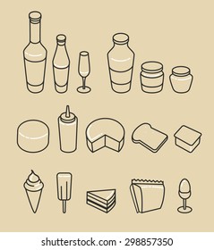 Food thin line icon set. Beer, wine bottle, cheese, ice-cream, toast, egg, cake. Vector collection.