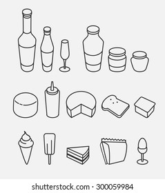 Food thin line icon set. Beer, wine bottle, cheese, ice-cream, toast, egg, cake. Vector collection.