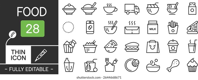Food thin line icons for restaurant menu isolated on white background