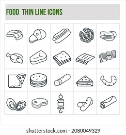 Food thin line icons set. The icons include salmon, ham, hamburger, burrito, turkey, steak, sandwich, ribs, spaghetti, pizza, waffles, pork chop, taco, bacon, lasagna  