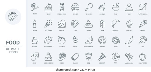 Food thin line icons set vector illustration. Outline restaurant or fast food cafe symbols, french fries and chicken, noodles taco and pizza, ice cream croissant and cupcake with coffee and juice