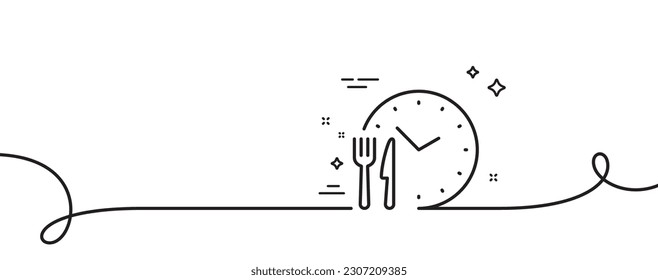 Icono de línea de tiempo de comida. Una línea continua con curl. Signo del reloj de la orden de la comida. Símbolo del horario de apertura del restaurante. Cinta de esquema único de tiempo de alimentación. Patrón de curva de bucle. Vector