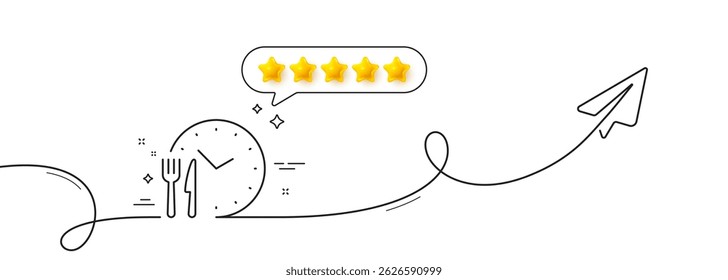 Food time line icon. Continuous line with share plane. Meal order clock sign. Restaurant opening hours symbol. Five star rate review in speech bubble. Food time single line ribbon. Vector