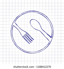 food tools. fork and spoon. Hand drawn picture on paper sheet. Blue ink, outline sketch style. Doodle on checkered background