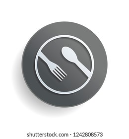 food tools. fork and spoon. White paper symbol on gray round button or badge with shadow