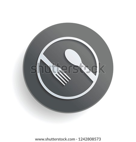 food tools. fork and spoon. White paper symbol on gray round button or badge with shadow